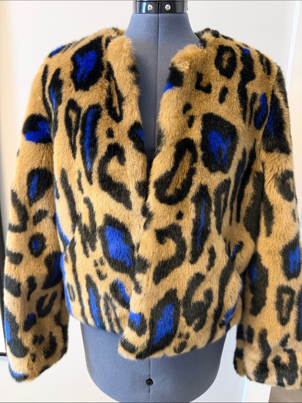 Obey Faux Fur Leopard Print Jacket in Tan, Black & Blue